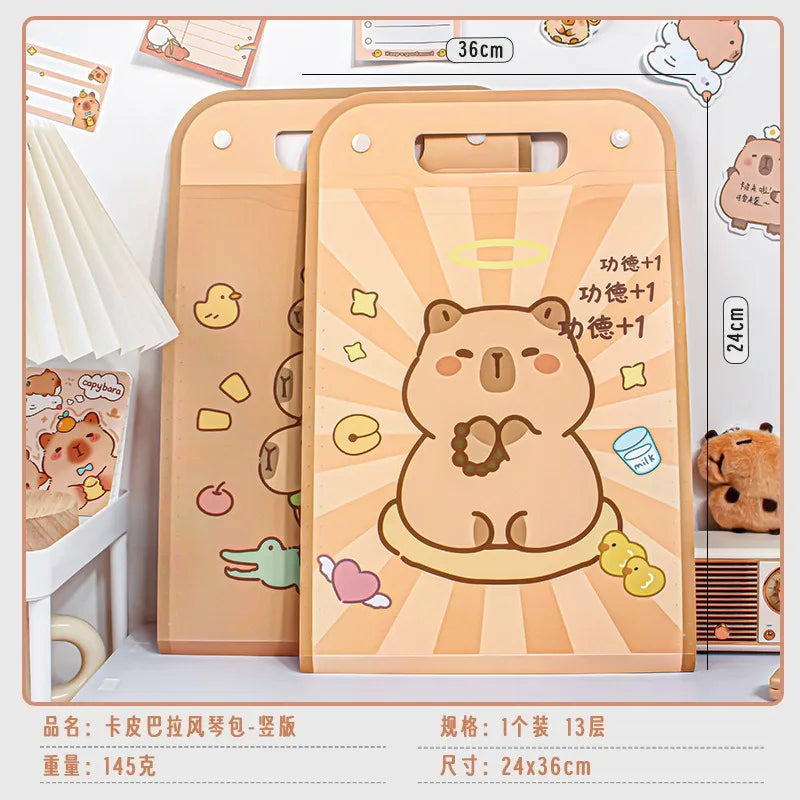 Vertical Accordion File Folder with Capybara Cartoon Print, Large Capacity for Test Papers, Student Tote Bag with Handle