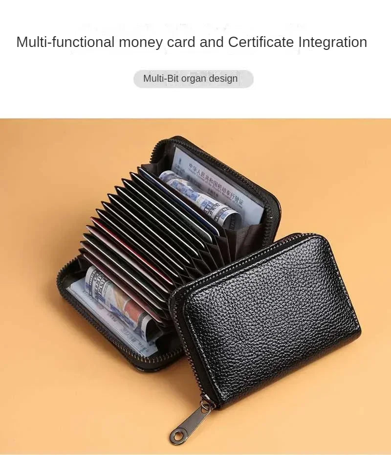 Multi Slot Card Holder Vintage Small Wallet Women Men Business Bank Credit Card Bag Male Coin Pouch Solid Leather Zipper Wallet
