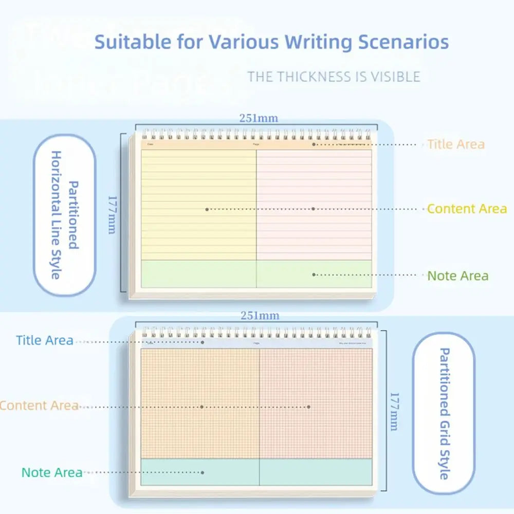 Portable Multi-functional Thicken Paper Coil Notebook Grid/Horizontal Lines Partition Design Writing Memopad B5 Notepad Students