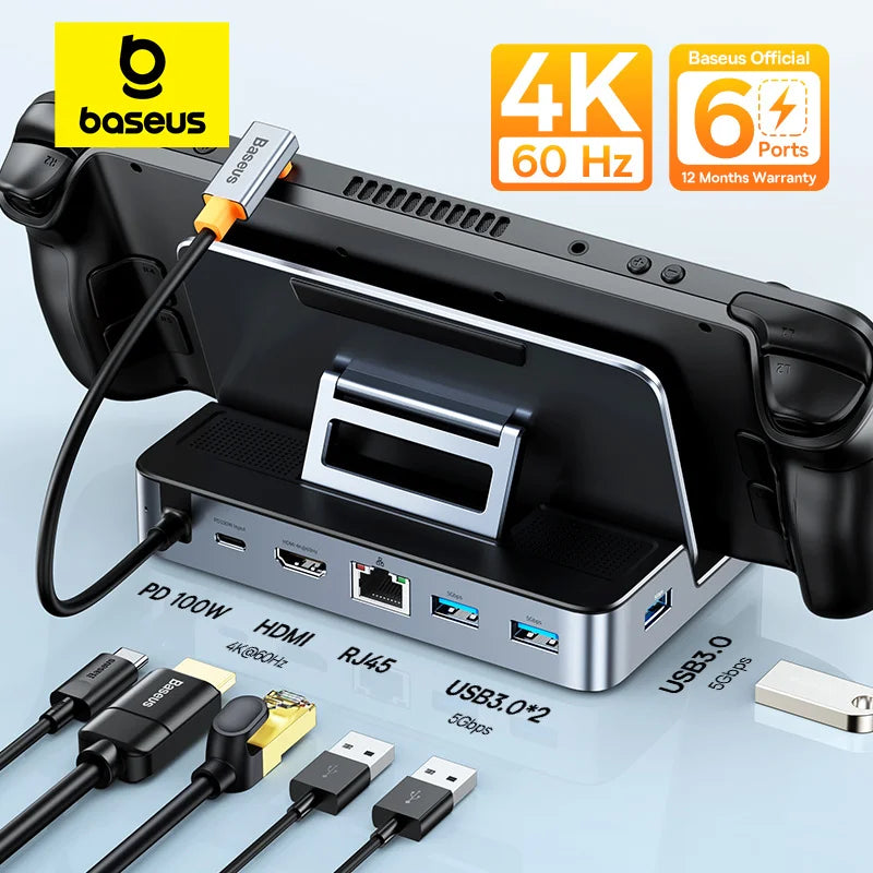 Baseus USB C Docking Station for Steam Deck Nintend Switch Game Type C to HDMI 4K@60Hz RJ45 PD 100W USB 3.0 6-in-1 Type C Hub