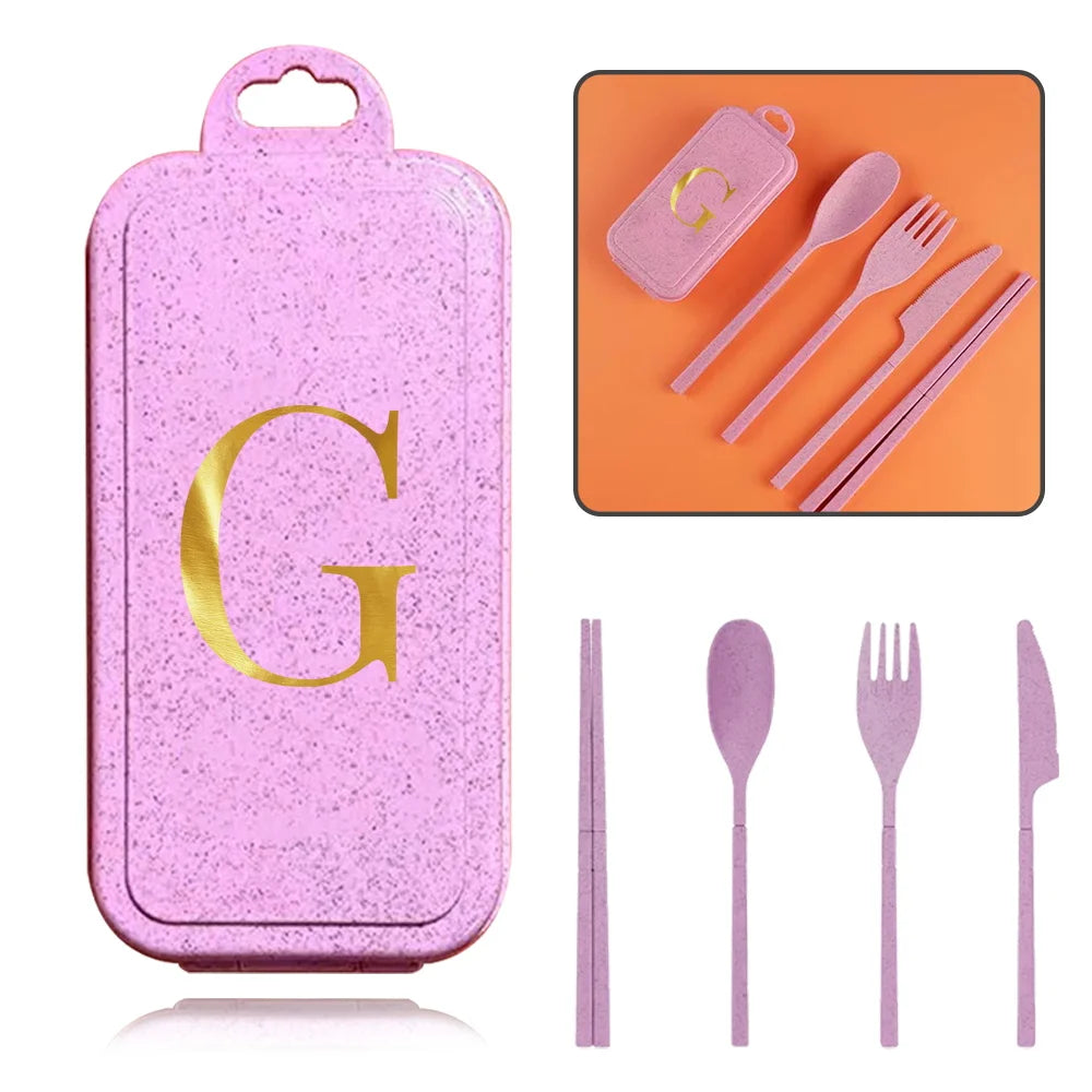 4Pcs Removable And Reusable Dinnerware Sets Spoon Knife Fork Chopsticks Organizer Case Tableware With Storage Box Letter Pattern