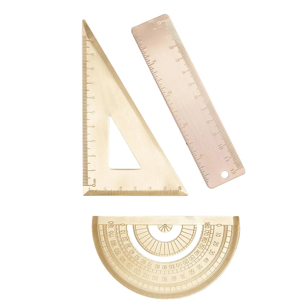 1Set Brass Triangle Ruler Drawing Measurement Straightedge Protractor Set for Professional Student Teacher Painting Use