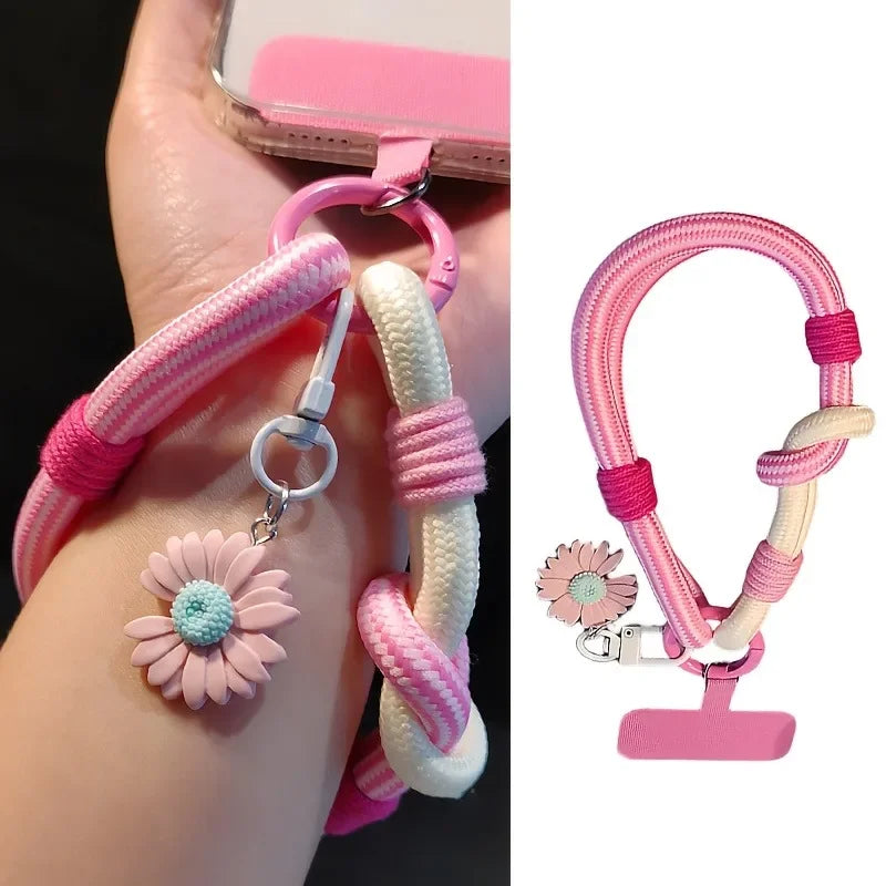 Cute 3D Flowers Adjustable Mobile Phone Universal Lanyard Wrist Strap Hand Pull Short Rope Phone Decorative Pendant Accessories