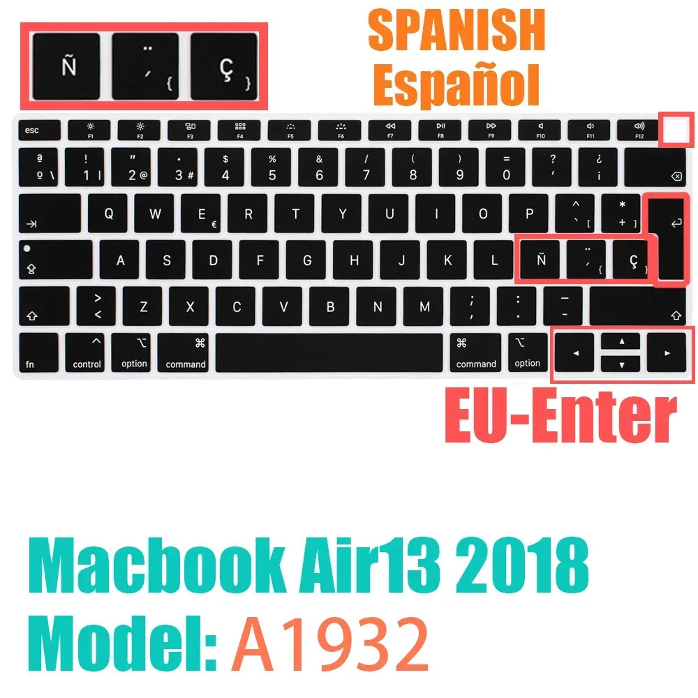 Keyboard Protective Film Silicone for 12-16' MacBook Air/Pro M1 M2 M3 Spanish Keyboard Cover Soft Protection Accessories Black