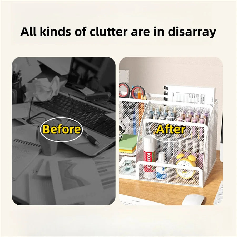 Desk Stationery Organizer Creative Metal Pen Holder Pencil File Storage Rack 7 Grid Storage Box Divided Container Office Access