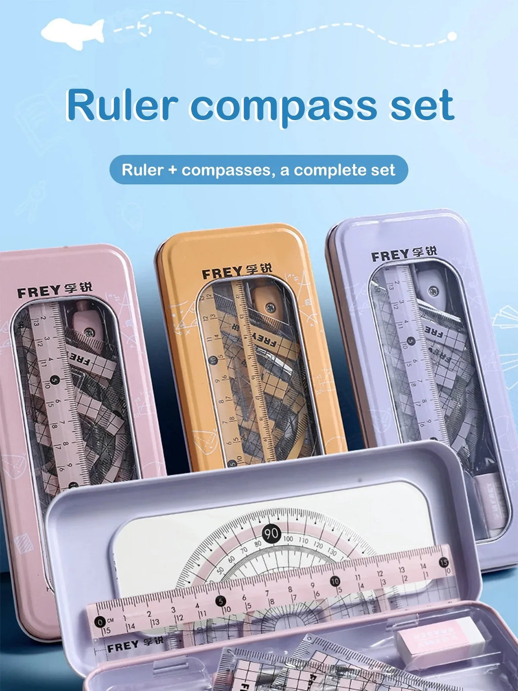 7-Pieces Plastic Geometry Drafting Kit for Students/Artists Lightweight PVC Drawing Tools with Ruler Protractor Office Supplies