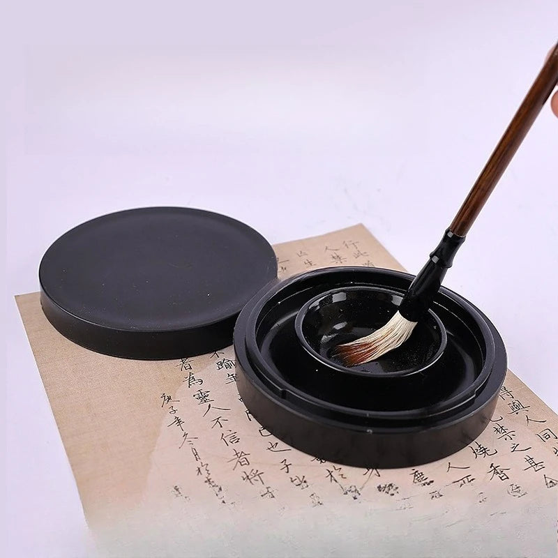 5-Inch Hot Pot Inkstone with Cover Double Circle Anti-drop and Anti-dry Ink Inkstone for Students' Calligraphy