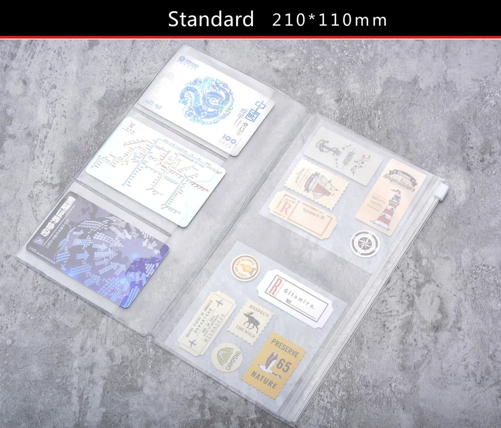 Traveler's Notebook PVC Storage Bag Pouch with Zipper Card Pocket Portable A5/Standard Size Passport Folder - 4 Sizes Available
