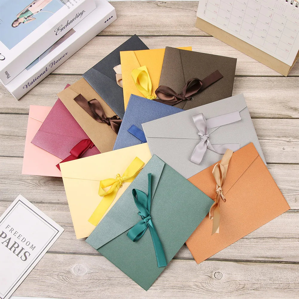 10Pcs Black Envelopes with Bow Ribbon Creative Black Greeting Card Bags Pearlescent Paper Envelop Wedding Invited Card Envelopes