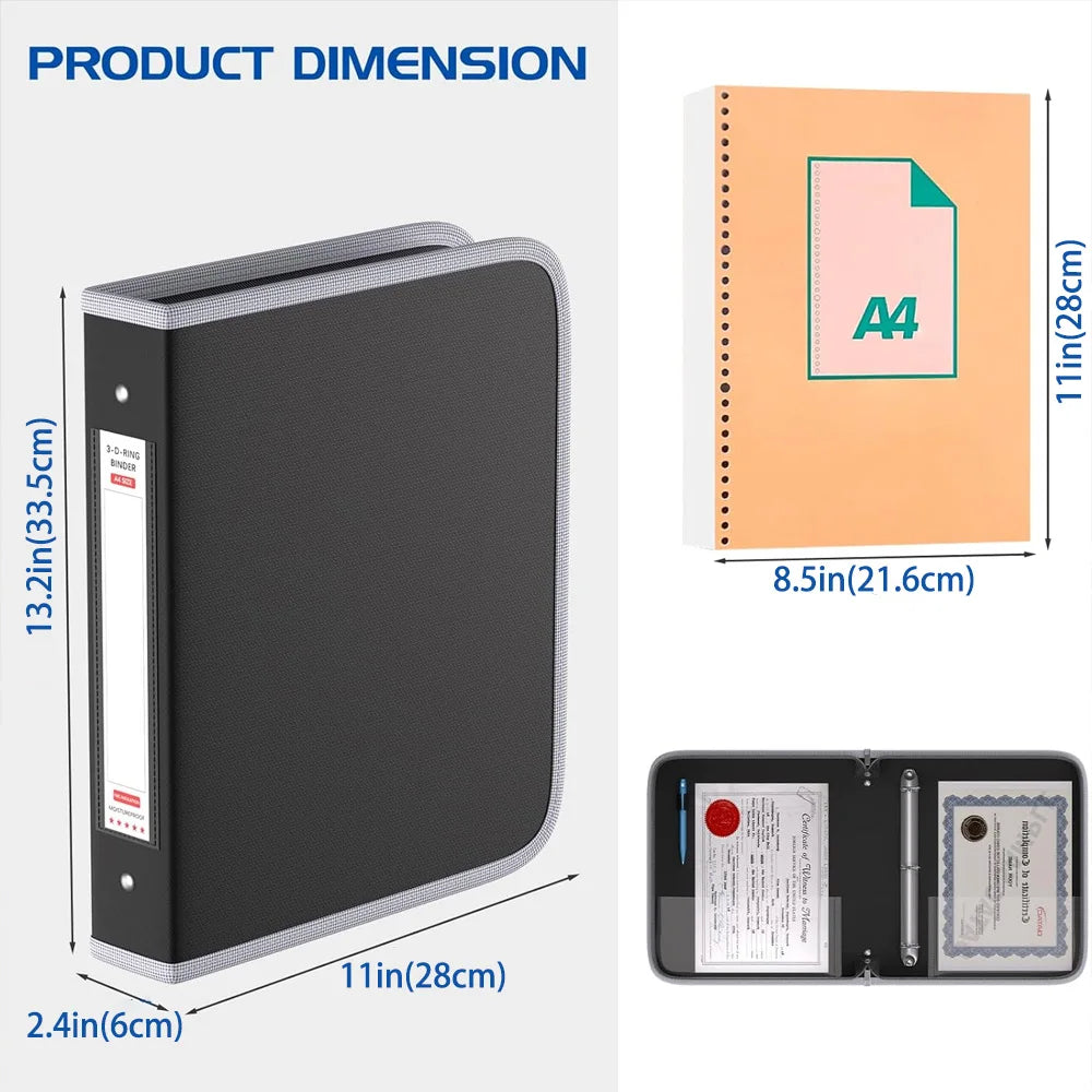 Fireproof Waterproof 3-Ring Binder Fireproof Round Binder with Zipper for Pens and 8.5*11-Inch 375-Sheet Paper (No Inserts)