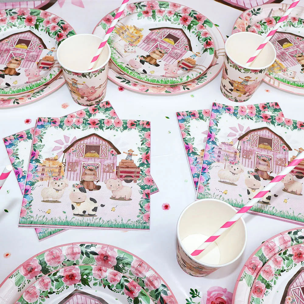 Pink Farm Animals Birthday Decor Disposable Tableware Set Paper Banner Floral Plates Baby Shower Girl Birthday Party Decorations