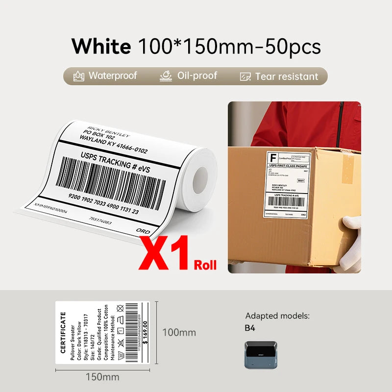 Large Size Labels for Niimbot B4 Portable 4inch Label Printer Shipping Barcode Tag Self-adhesive Stickers for Small Bussiness