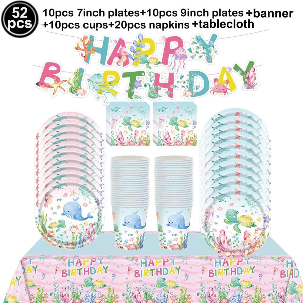Sea Animal Theme Disposable Tableware Under The Sea Baby Shower Party Plates Napkins Cups Ocean Animals Birthday Party Supplies