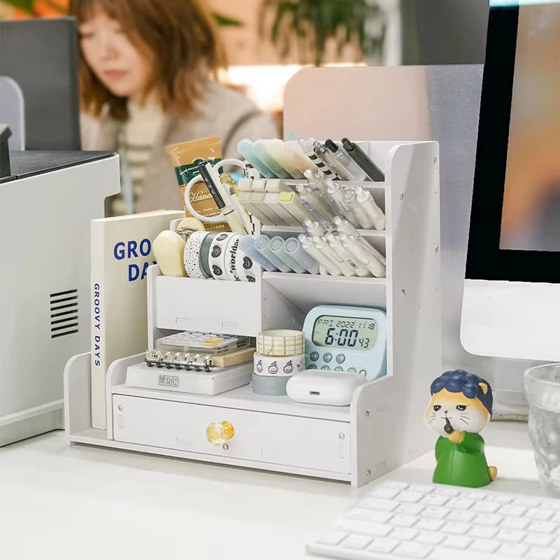 Mark Pen Pencil Holder Wooden Desk Organizers Shelves Accessories Desktop Stationery Organizer Bookshelf Home Office Storage Box