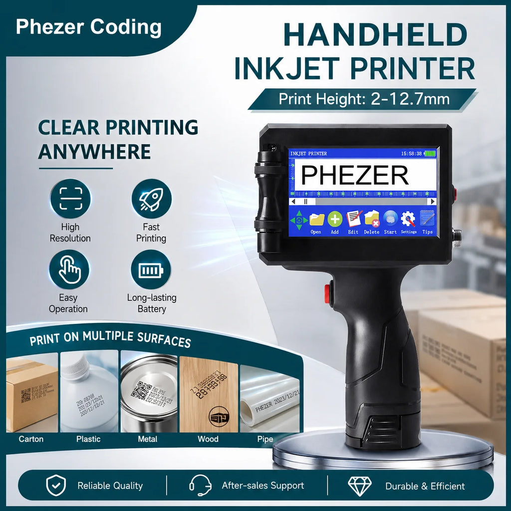For Hp Phezer 12.7mm Label Printer Batch Code Date Number QR Bar Logo Expiry P15  Handheld Inkjet Printer 28 Languages Portable