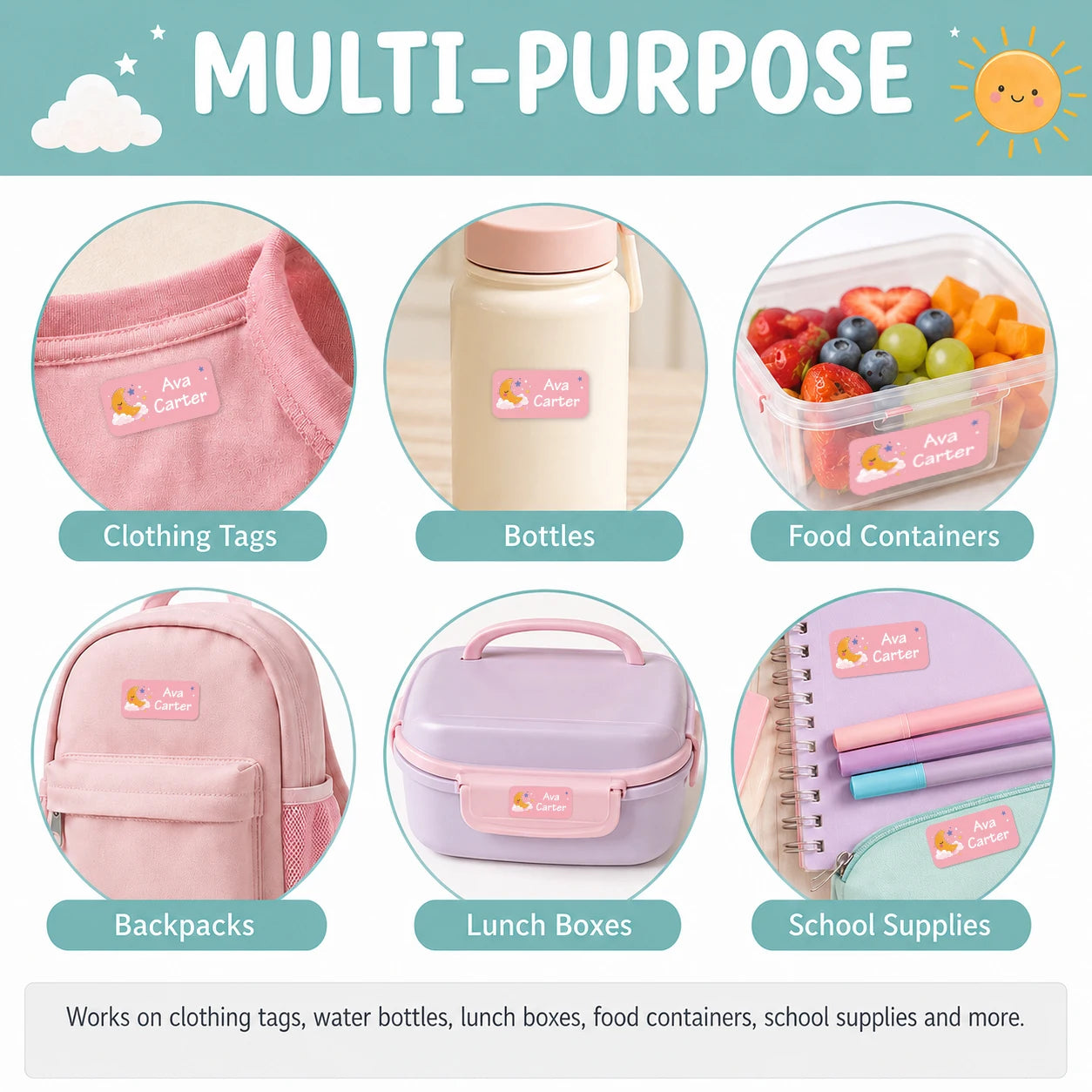 1pc 140 PCS Custom Name Labels, Personalized Cute Daydream Stickers for Bottles, Bags, Lunch Boxes, Clothes & Supplies