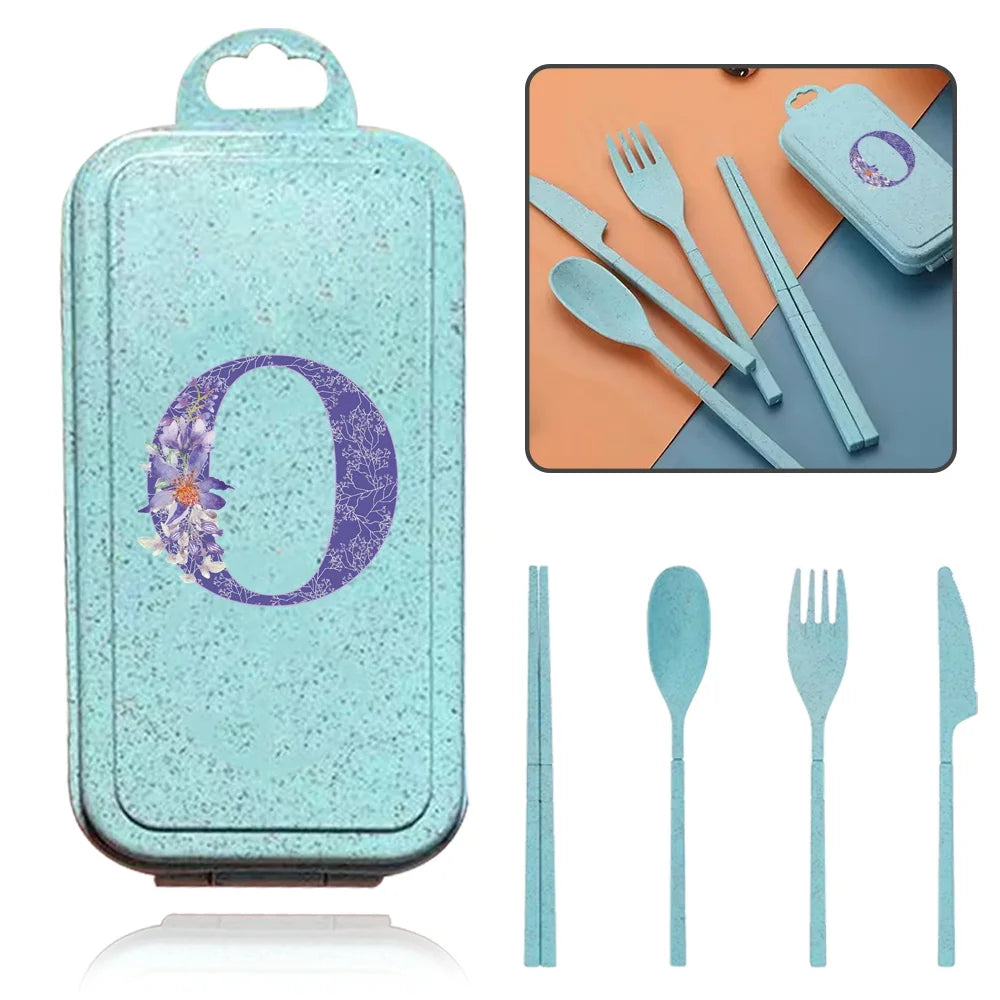 4Pcs Wheat Straw Cutlery Knife Spoon Fork Chopsticks Portable Set Plastic Detachable Dinnerware Purple Flower Letter Pattern