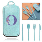 4Pcs Wheat Straw Cutlery Knife Spoon Fork Chopsticks Portable Set Plastic Detachable Dinnerware Purple Flower Letter Pattern