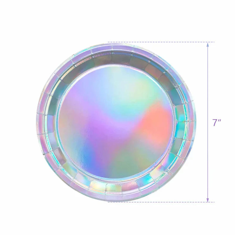 Iridescent Silver Holographic Party Tableware Set Disposable Paper Plates Cups Tablecloth for Birthday Wedding Y2K Disco Decor