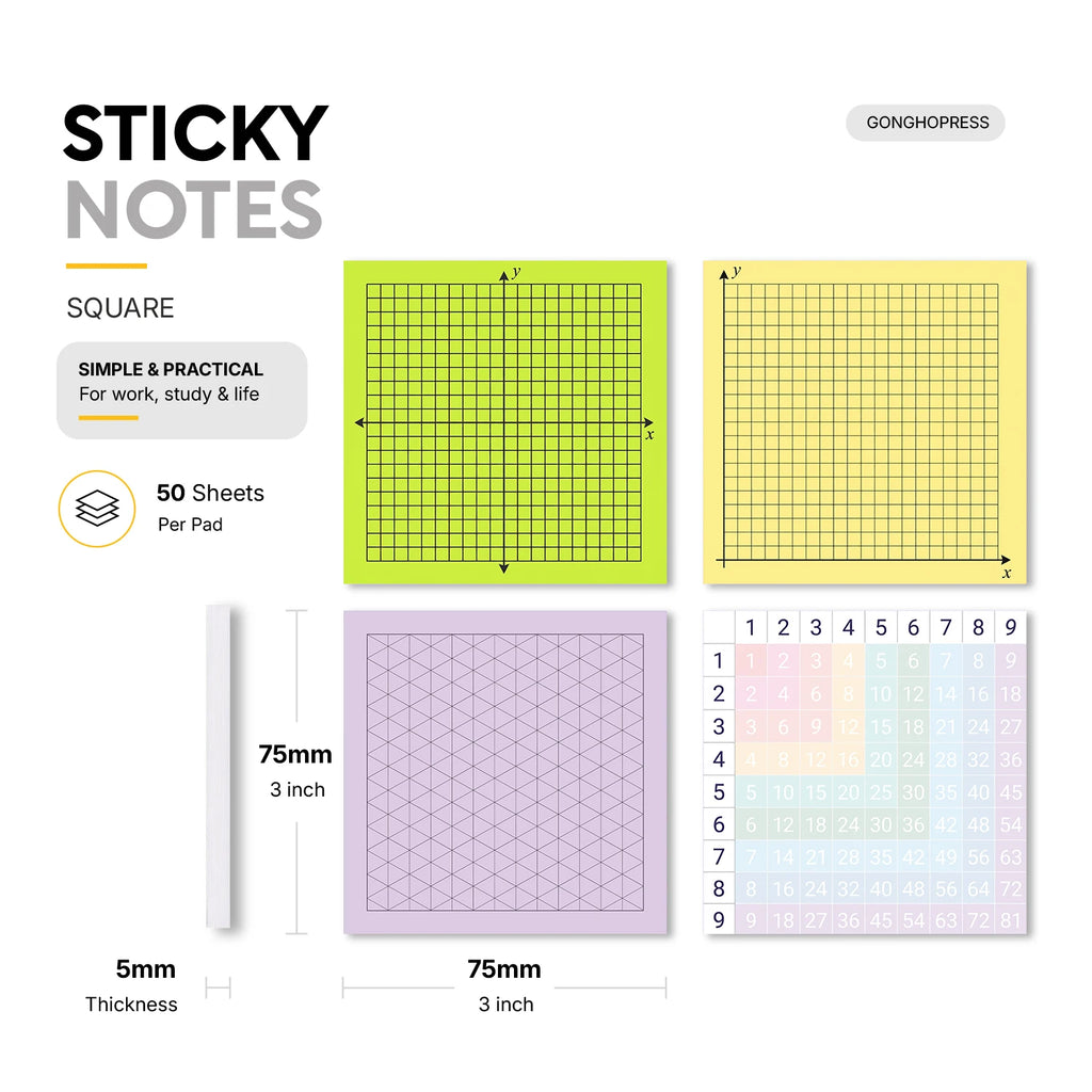4 Pcs 200 Sheets Total Student Math Sticky Notes, Coordinate Grid Graph Paper Memo Pads, Multiplication Table Notepad