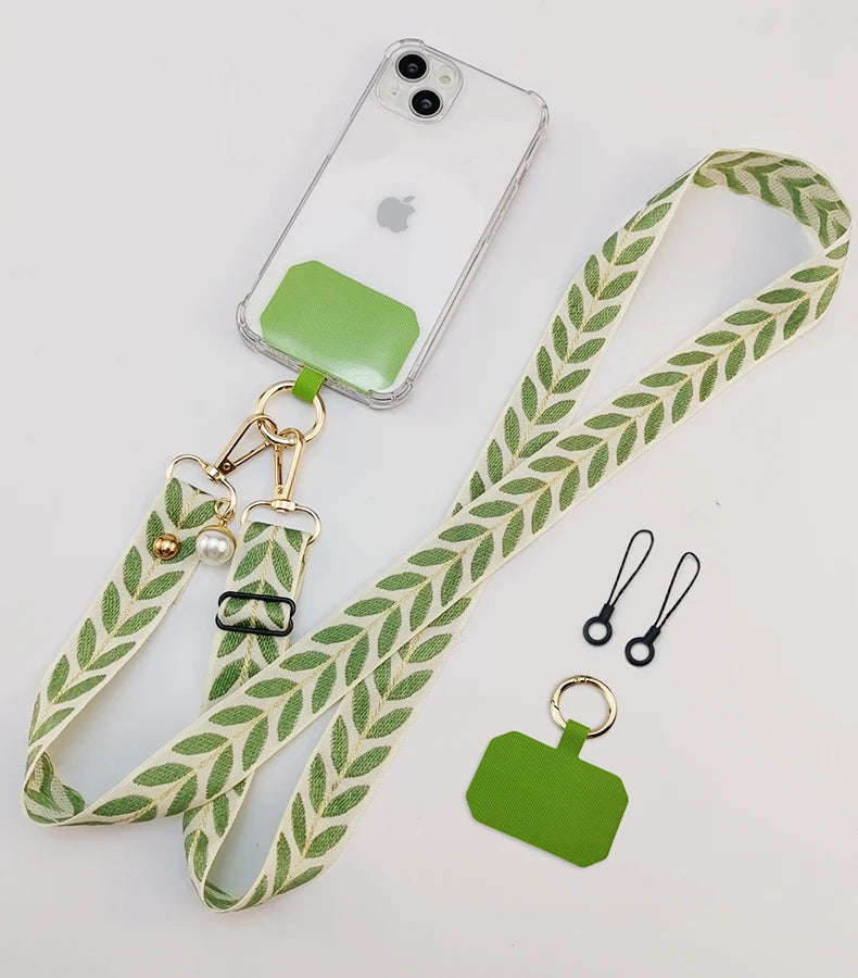 Adjustable Crossbody Long Mobile Phone Lanyard Wide Cloth Neckband Strap Rope Women's Pearl Hanging Ornaments Anti-Lost Lanyard