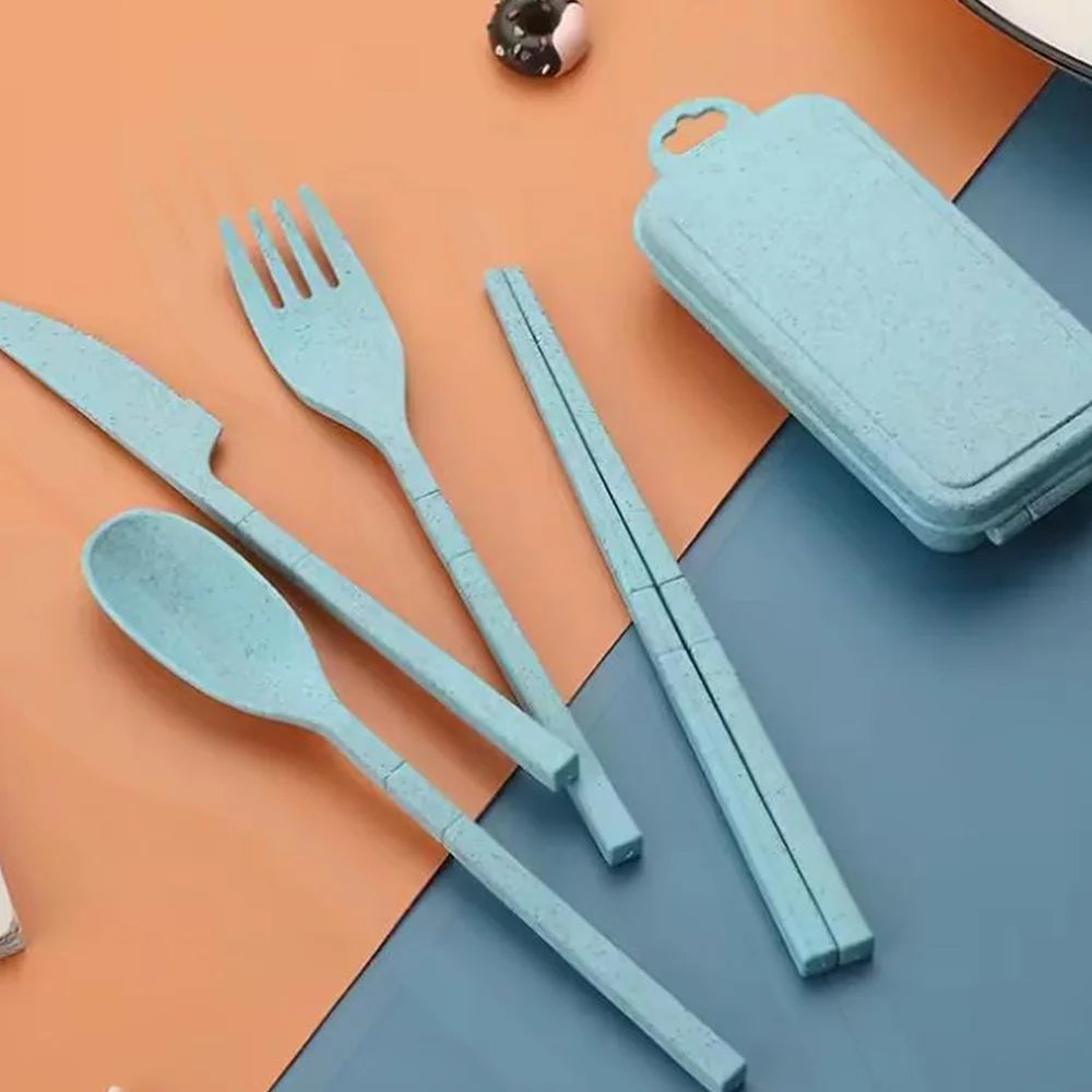 4Pcs Wheat Straw Cutlery Knife Spoon Fork Chopsticks Portable Set Plastic Detachable Dinnerware Purple Flower Letter Pattern