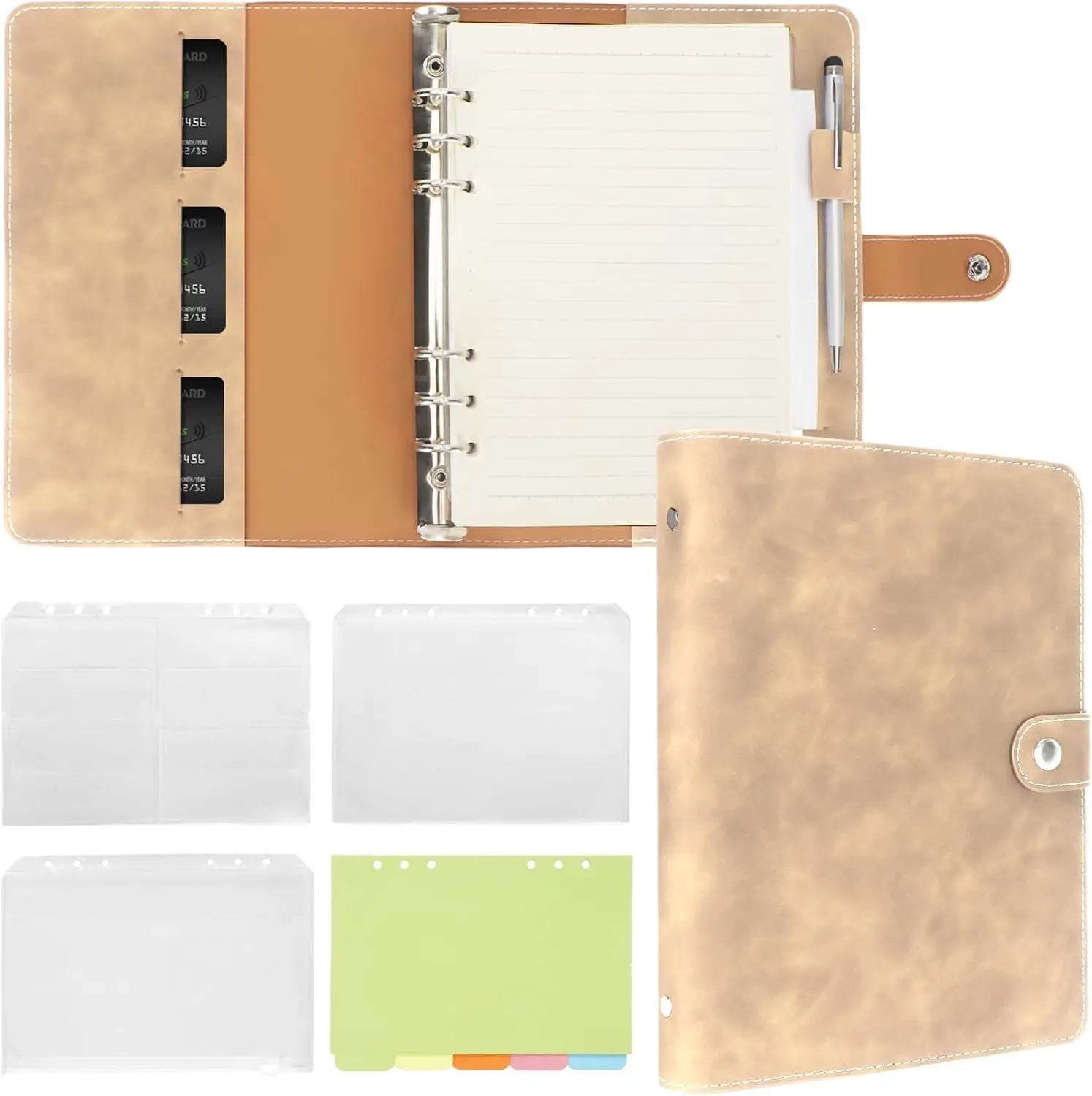 New Leather A5 Binder 6 Ring Binder Notebook - PU Leather Refillable Notebook with Binder Pockets, Dividers, Refill Paper