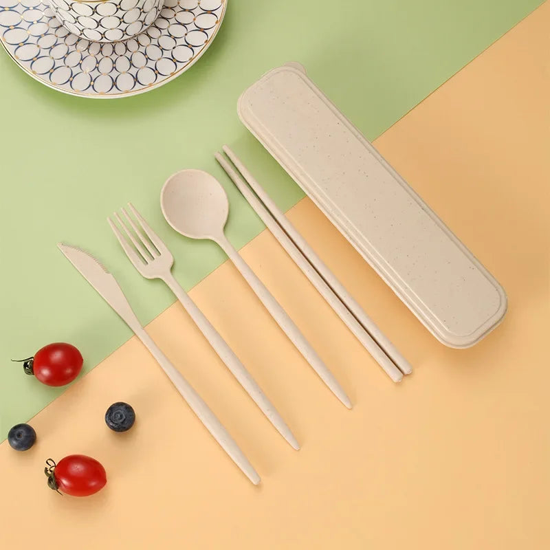 4PCS/Set Wheat Straw Tableware Box Spoon Fork Chopsticks Cutlery Dinnerware Children Adult Travel Portable Kitchen Accessories