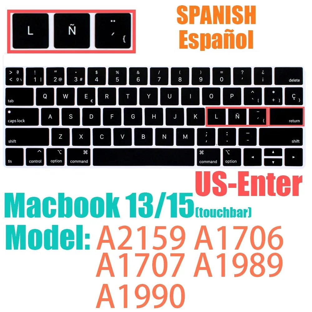 Keyboard Protective Film Silicone for 12-16' MacBook Air/Pro M1 M2 M3 Spanish Keyboard Cover Soft Protection Accessories Black