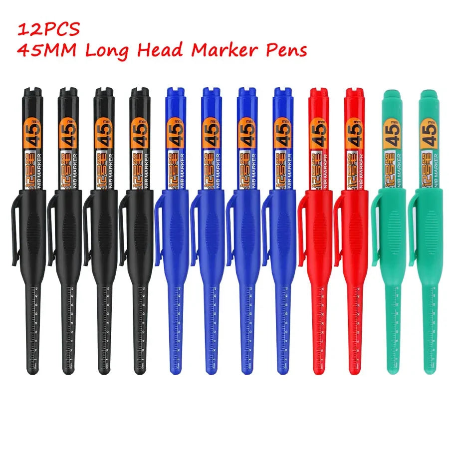 12Pcs Multi-Purpose 45mm Deep Drill Hole Long Nib Waterproof Marker Pens for Bathroom Woodworking Long Head Carpenter Pen White
