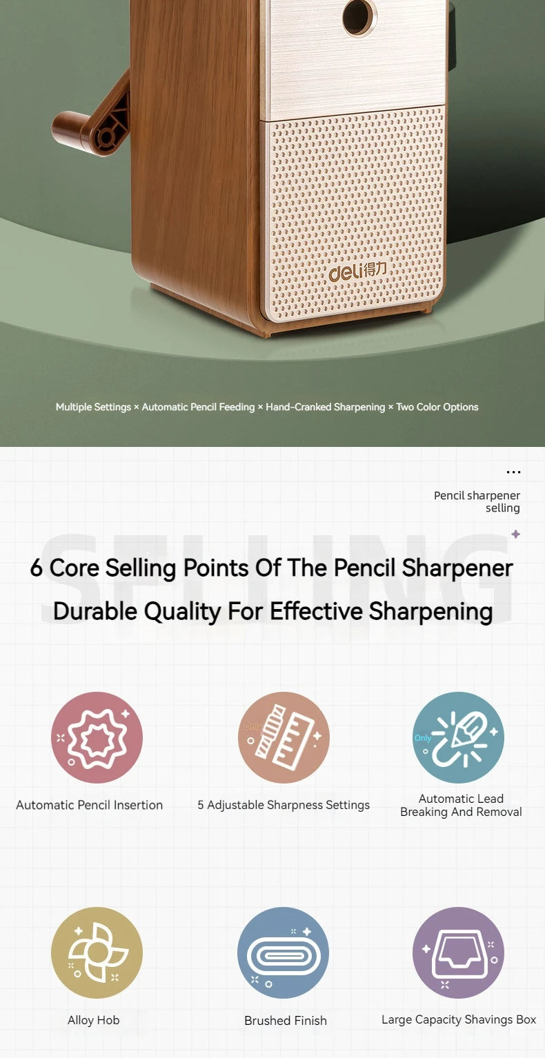 Deli Classic Heavy-Duty Hand Crank Pencil Sharpener - Adjustable, Durable Blade for School, Office, and Studio Use