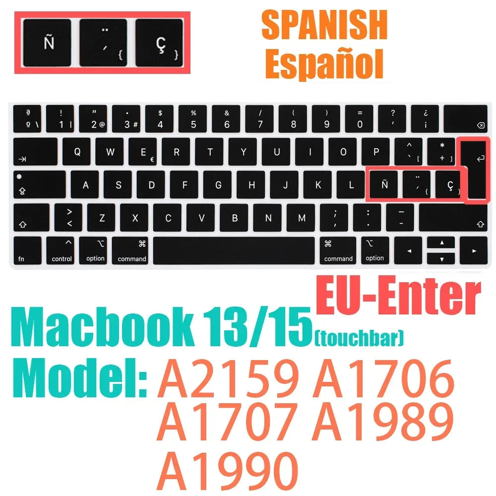 Keyboard Protective Film Silicone for 12-16' MacBook Air/Pro M1 M2 M3 Spanish Keyboard Cover Soft Protection Accessories Black