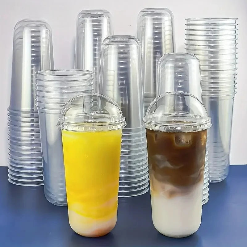 Clear Plastic Beverage Cups with Lids Disposable Cold Drink Containers for Milk Tea Juice Iced Coffee Ice Cream Dessert Party