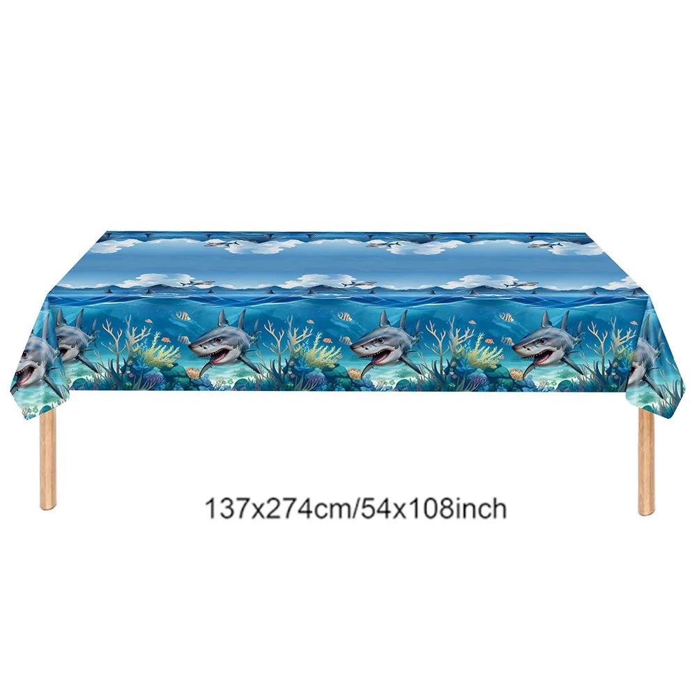 Ocean Shark Theme Disposable Tableware Cute Cartoon Marine Animal Plastic Tablecloth Kids Birthday Party Baby Shower Decor