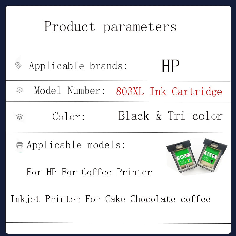 Vilaxh 803 803XL Cartridge for Coffee Printer for HP 803 Color for Cake Chocolate Coffee for Refillable Edible Ink Cartridge