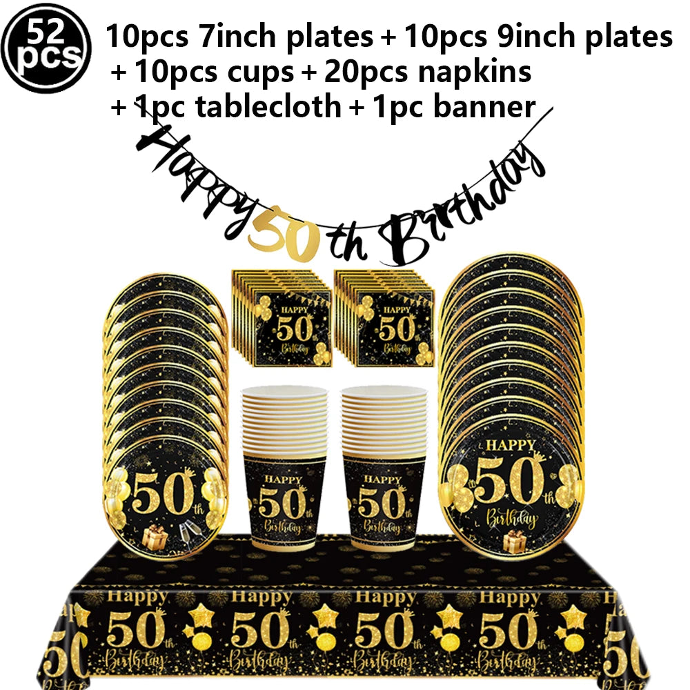 50th Birthday Party Supplies for Men Women Black and Gold 50 Years Old Party Paper Plates Cups Napkin Tablecloth Tableware Decor