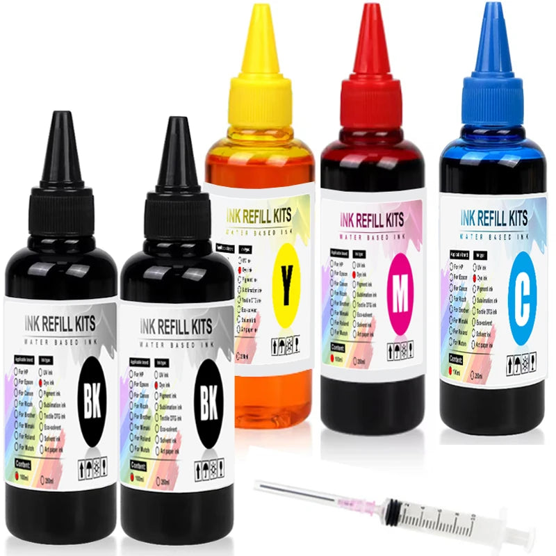 100ml Universal Dye Ink BK C M Y Kit Compatible For HP Canon Epson Brother Deskjet Inkjet Printer Tank Cartridges CISS