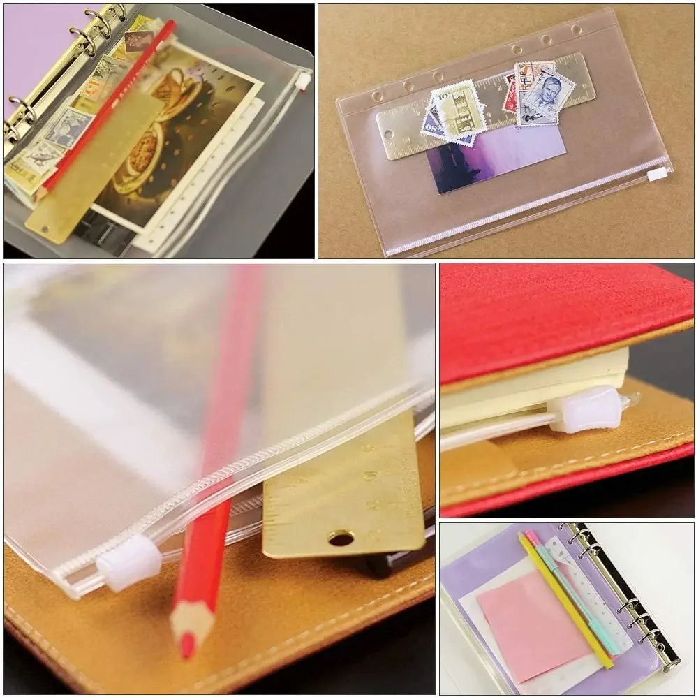 A6 6-Hole Binder Pockets Waterproof PVC Cash Budget Envelopes Zipper Binder Pouches for Notebook Planner Journey Binders