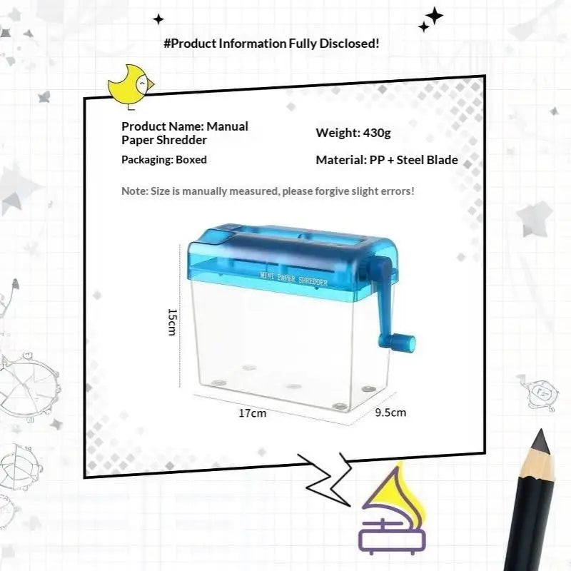 Portable Mini Manual Paper Shredder With Hand Crank Clear Waste Bin For Home Office Use