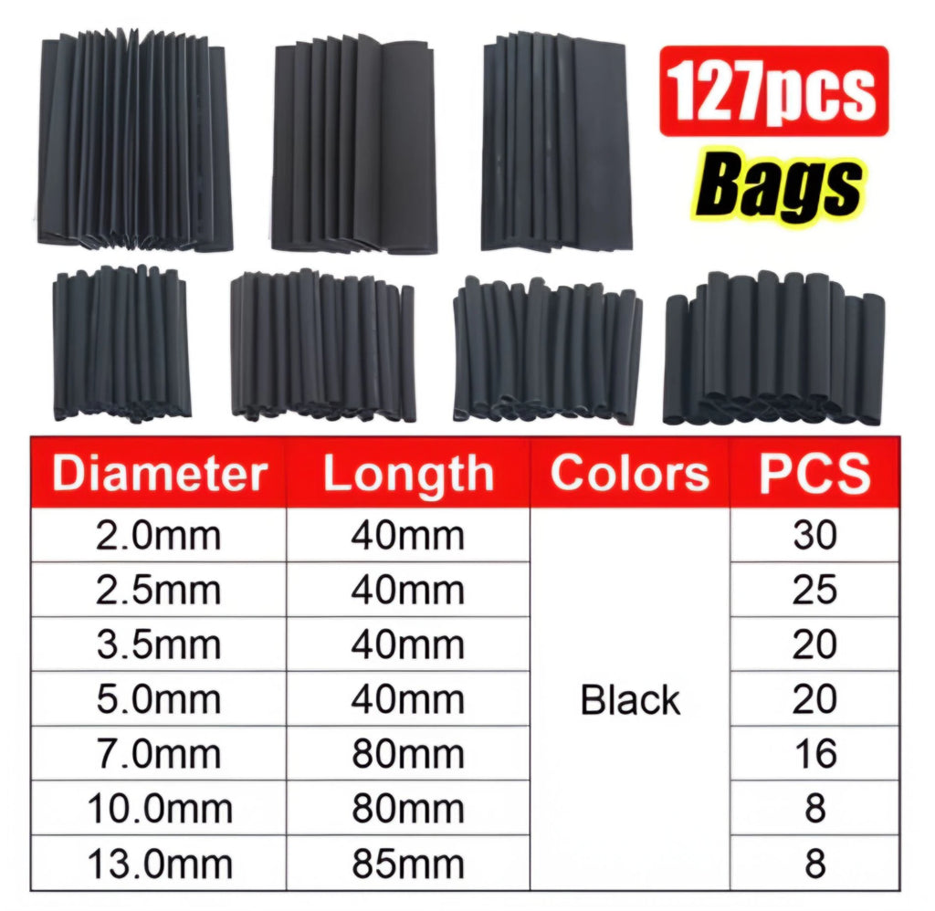 Black Heat Shrink Tube Kit Thermoresistant Tubing Shrink Wire Wrapping Electrical Connection Cable Insulation Sleeves Protecter