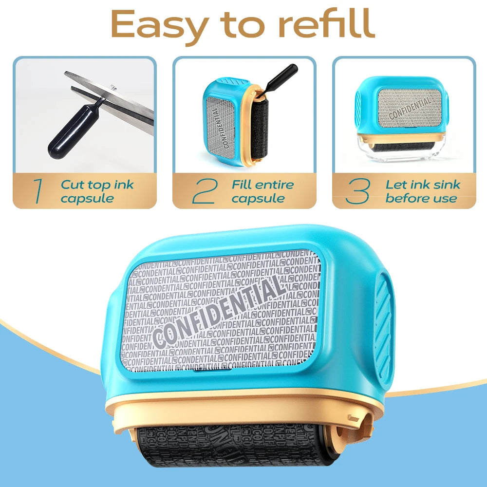A005 Large Roller Privacy Stamp, Identity Theft Protection & Confidentiality Guard, with 3 Refill Inks