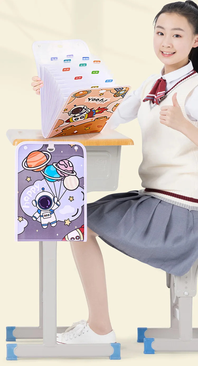 Cartoon Vertical File Bag A4 Hanging 13 Grid Children's Fun Astronaut Test Paper Material Storage Organ Bag Desk Organizer