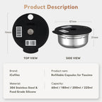 Stainless Steel Reusable Tassimo Pods with 4 Black Silicone Lid Tamper Compatible for-Bosch Tassimo Machine