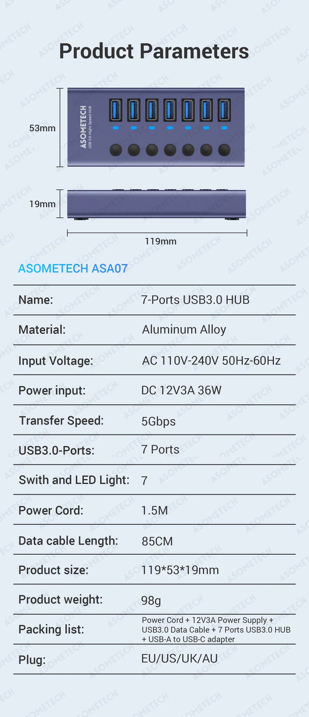 4/7/10 Ports USB 3.0 Hub Multiple Splitter 12V Power Adapter with On/off Switch USB Splitter High Speed Hub for MacBook Laptop