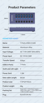 4/7/10 Ports USB 3.0 Hub Multiple Splitter 12V Power Adapter with On/off Switch USB Splitter High Speed Hub for MacBook Laptop