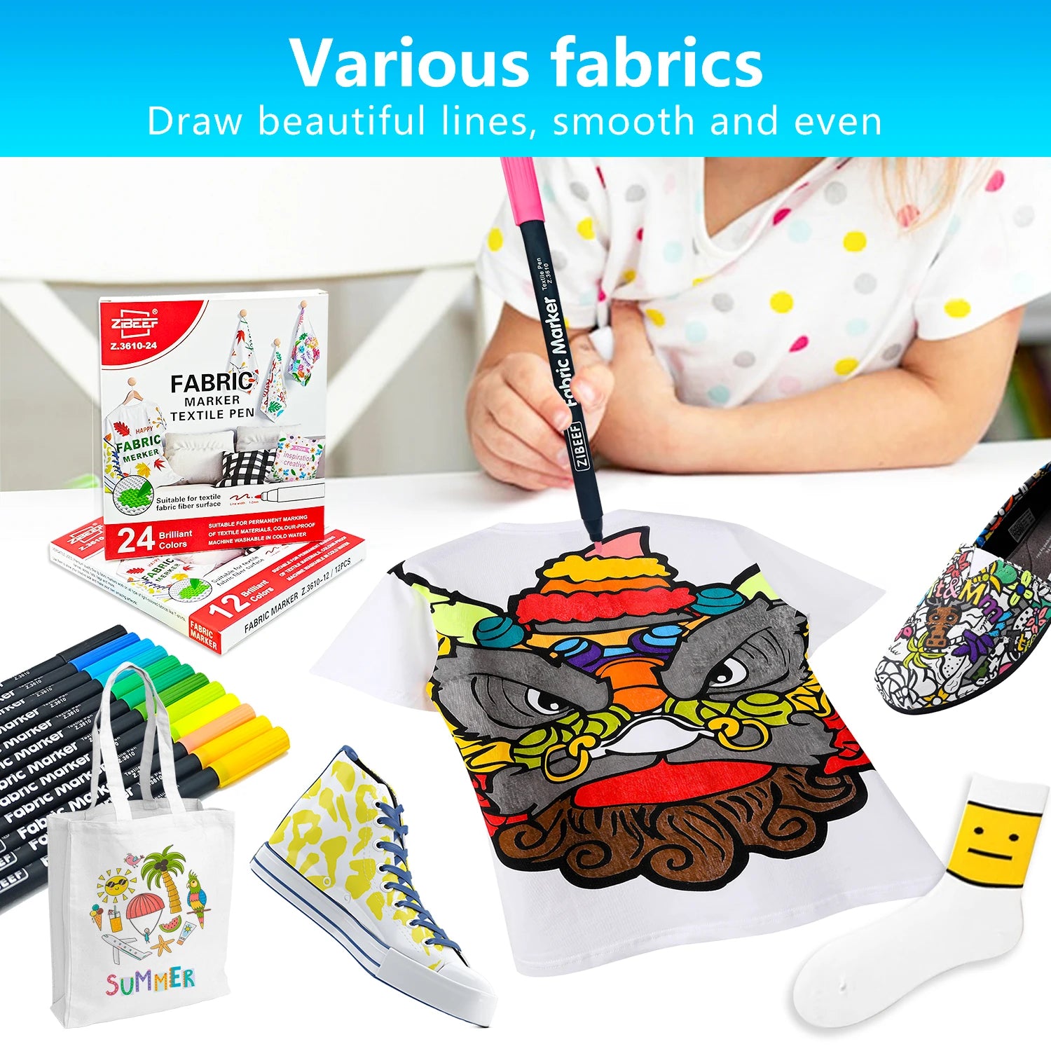 12/24 Colors Fabric Markers Pens Set Permanent Fabric Paint - Fine Point Tip Textile Marker Pen for Kids, T-Shirt Shoe Markers