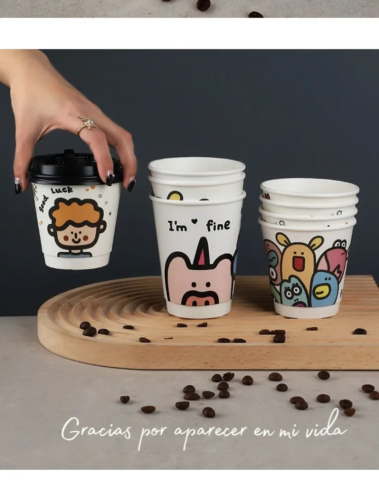 25pcs 90 Caliber Disposable Coffee Cups Fresh Milk Hot Drink Thickened Cartoon Paper Cup Milk Tea Takeaway Packag Cup with Lid