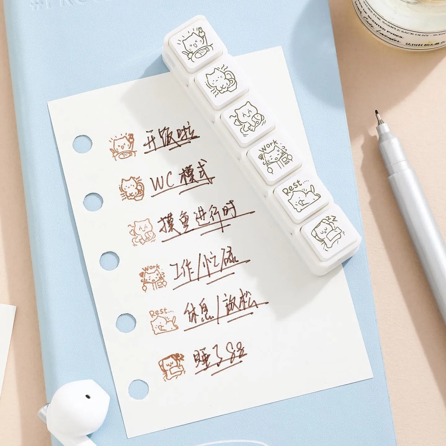Cute Cat Emoji Stamp Daily Life Work Good Mood Series Cartoon Mini Pattern Stamps for Journaling Planner Diy Scrapbooking Decor