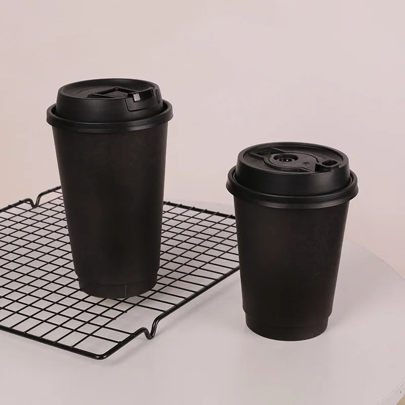 50pcs/pack Disposable Matte Black Coffee Paper Cup Hot Drinking Cup Double Layer Thickened Hollow Cup Accept Customization