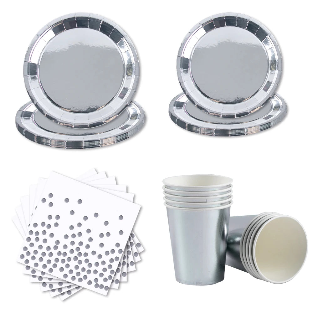 Silver Laser Paper Disposable Tableware Set Dinner Paper Plate Cup Napkin Tablecloth for Birthday Party Retirement Wedding Party